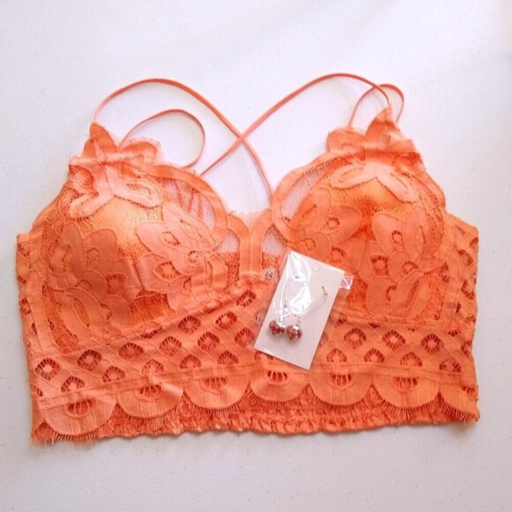 1X Sexy Lace Boudoir Bra & Matched Earrings! Mango Criss-Cross Spaghetti Straps